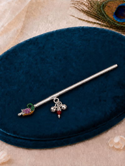 Peacock Motif Pure 925 Silver Bansuri with Ghungroo