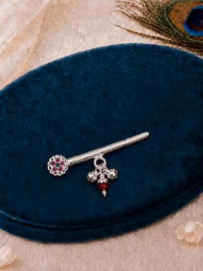 Floral Stone Pure Silver Bansuri/ Flute with Ghungroo