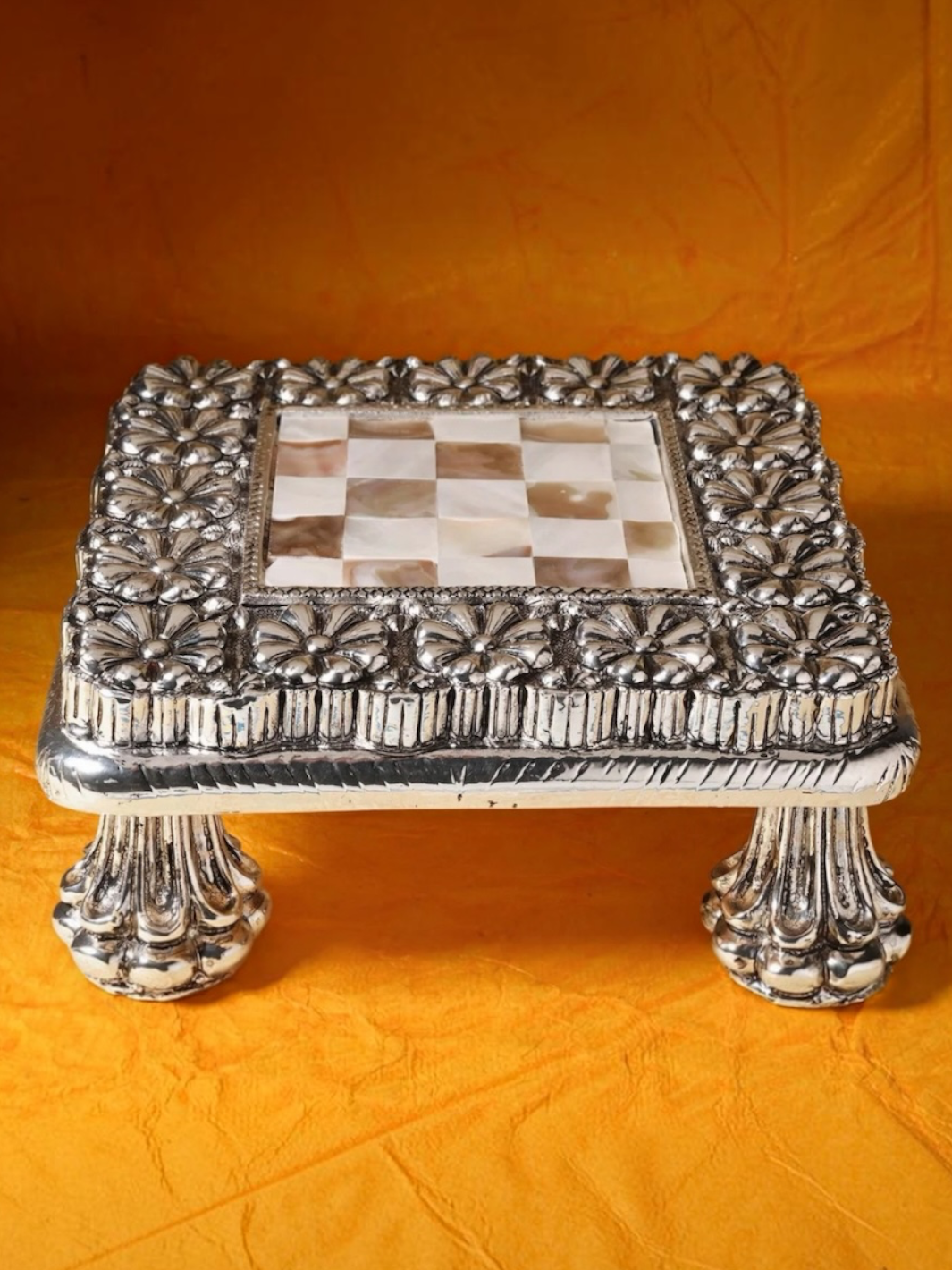 Pure Silver Mother of Pearl Antique Finish Chowki