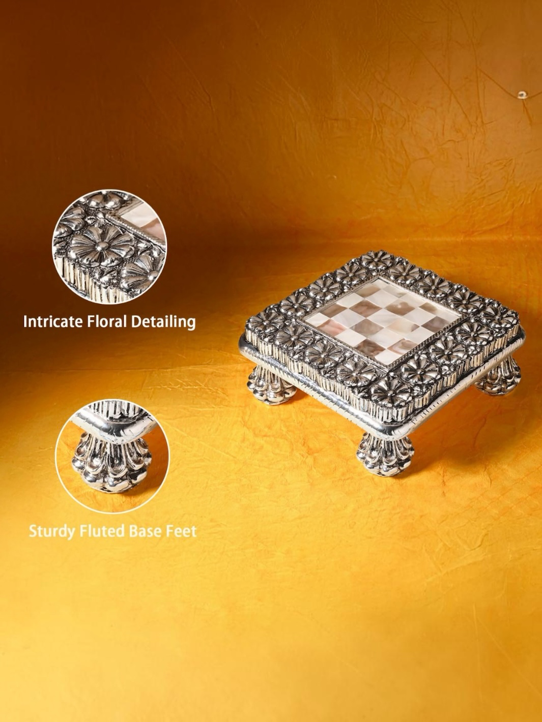 Pure Silver Mother of Pearl Antique Finish Chowki