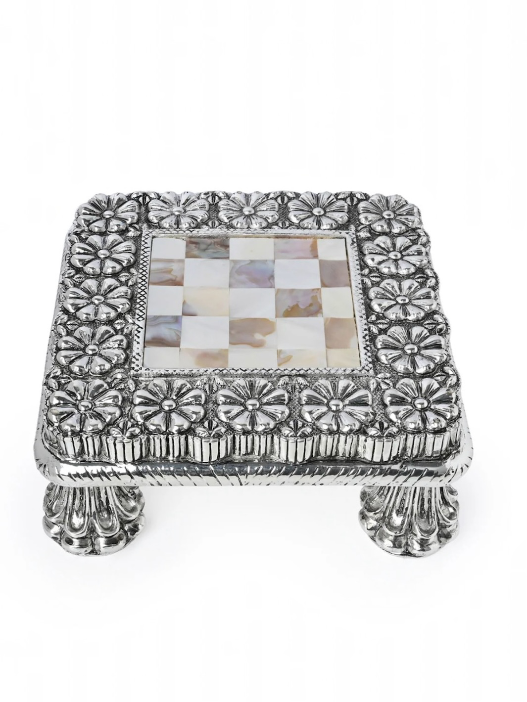 Pure 999 Silver Mother of Pearl Antique Finish Chowki