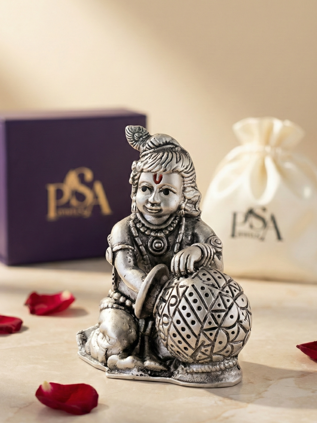 Pure Silver Antique Finish Mini Makhan Bal Gopal Krishna Idol