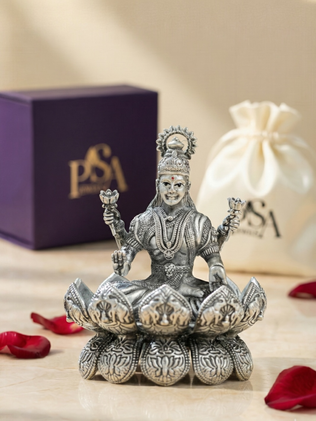 Pure Silver Antique Finish Lakshmiji on Divine Lotus
