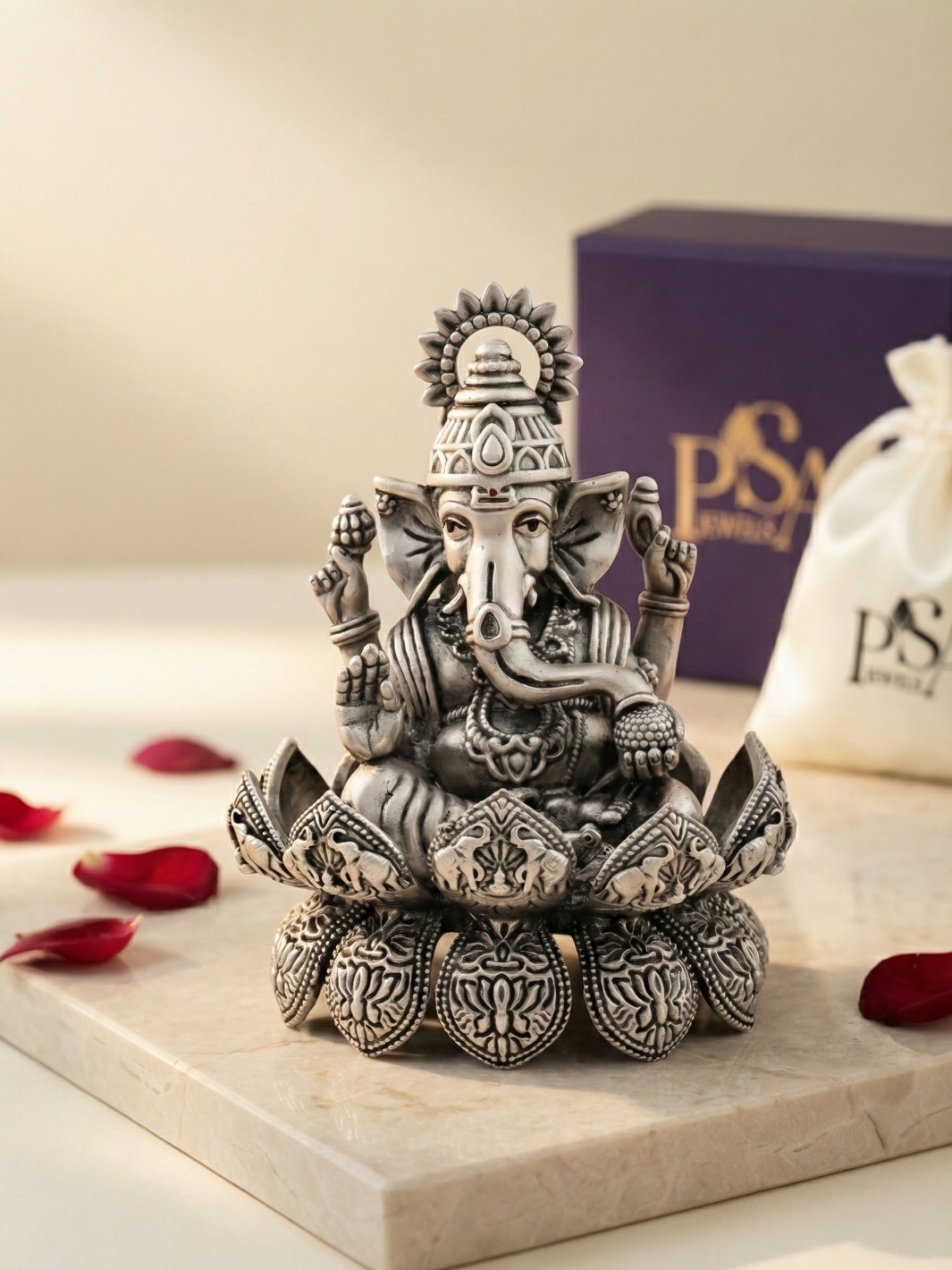 Pure Silver Antique Finish Lord Ganesh on Divine Lotus