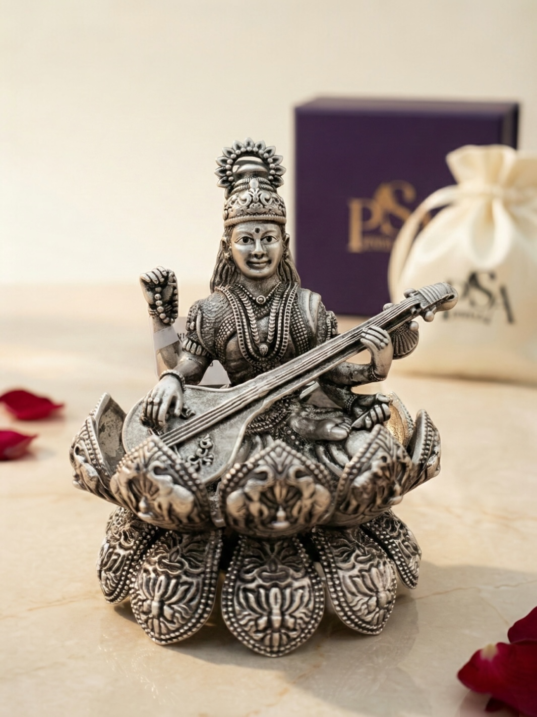 Pure Silver Antique Finish Saraswati Maa Idol on Divine Lotus