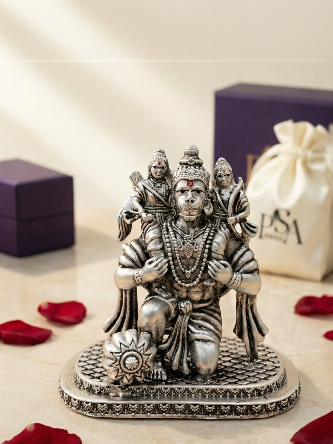 Pure Silver Antique Lord Hanuman carrying Lord Rama and Laxman on his shoulders Idol