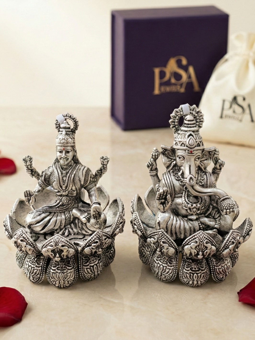 Pure Silver Antique Finish Laxmiji Ganeshji Idol on Divine Lotus