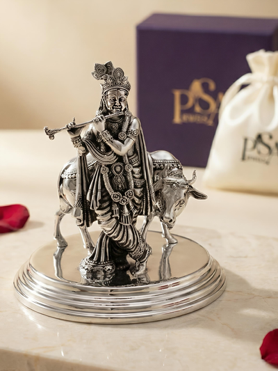 Pure Silver Krishna With Cow Idol