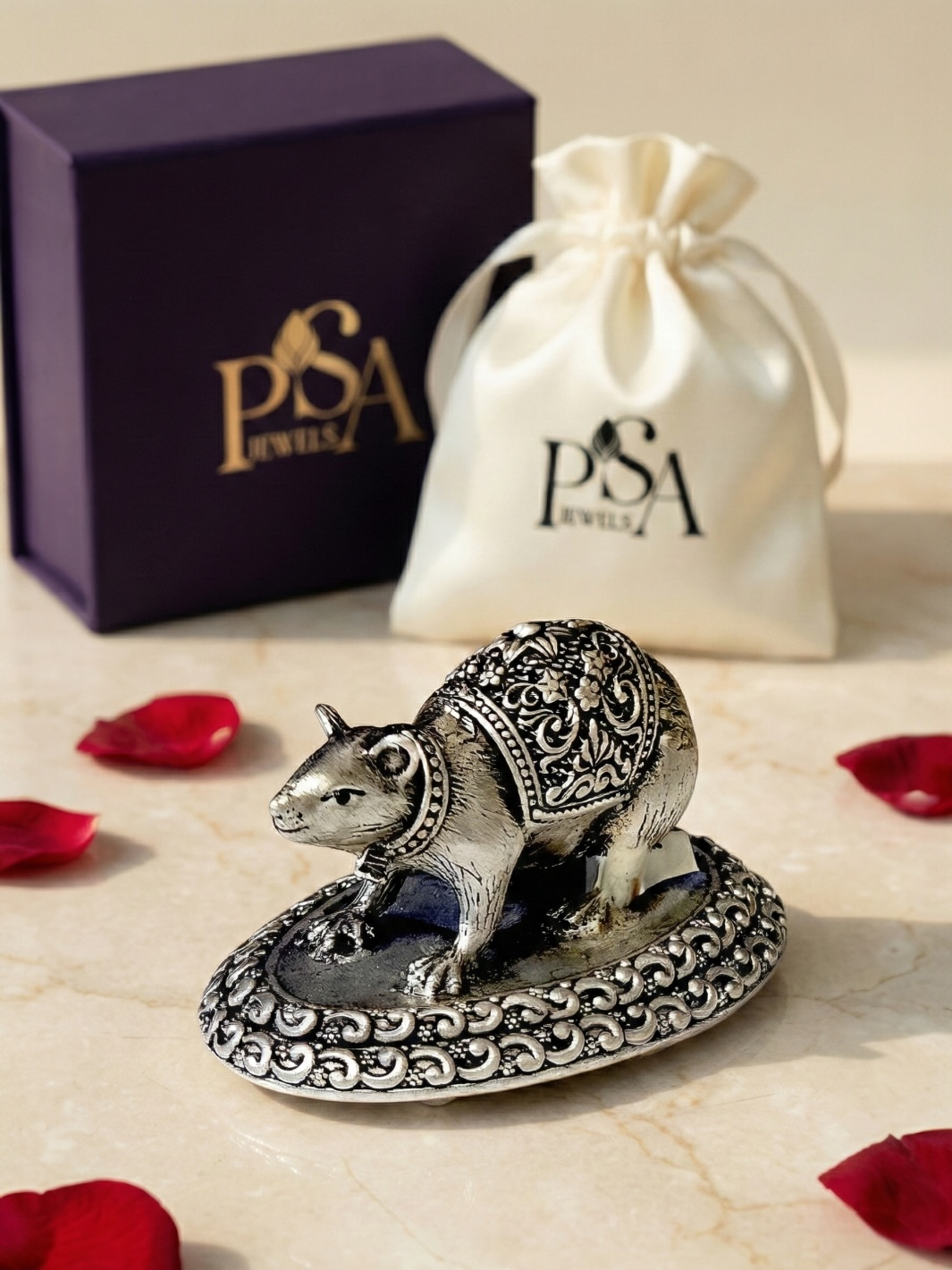 Pure Silver Antique Finish Solid Chuha/Mushakraj Idol