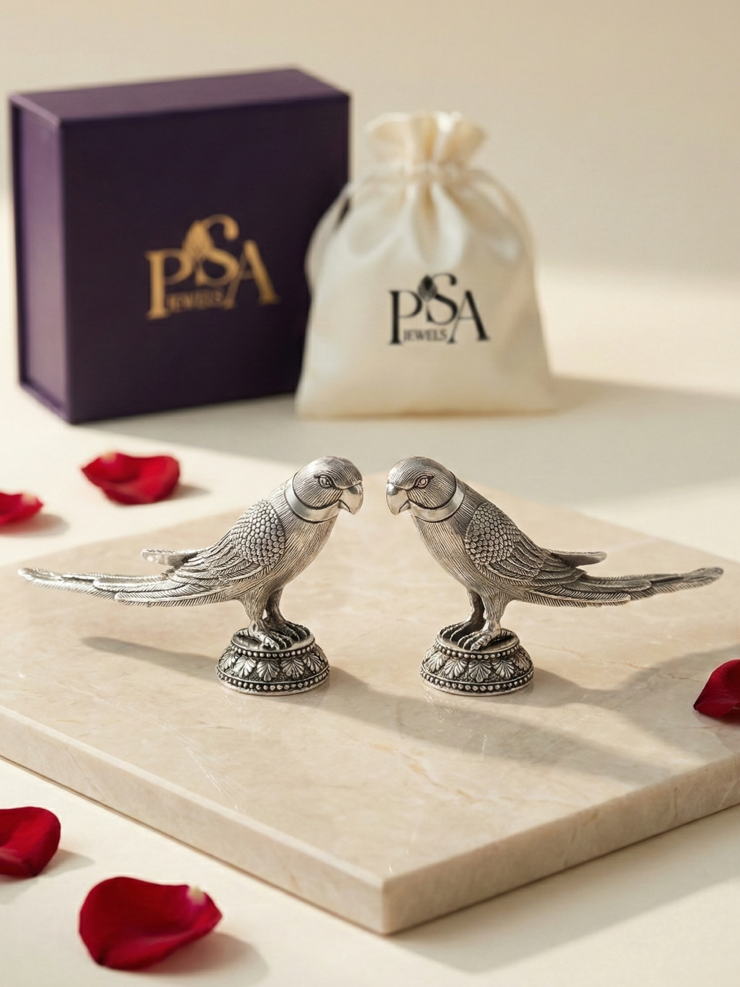 Pure Silver Pair Of Parrot Idol