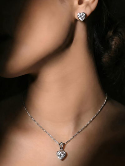 Sterling Silver Small Stone Heart Pendant Set