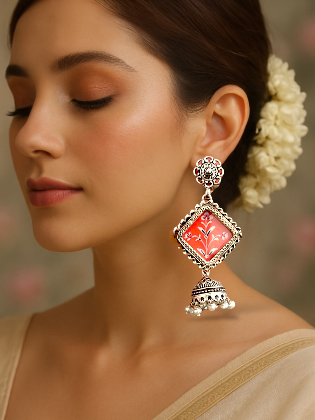 Orange Handpainted Jhumki Pure Silver Earring