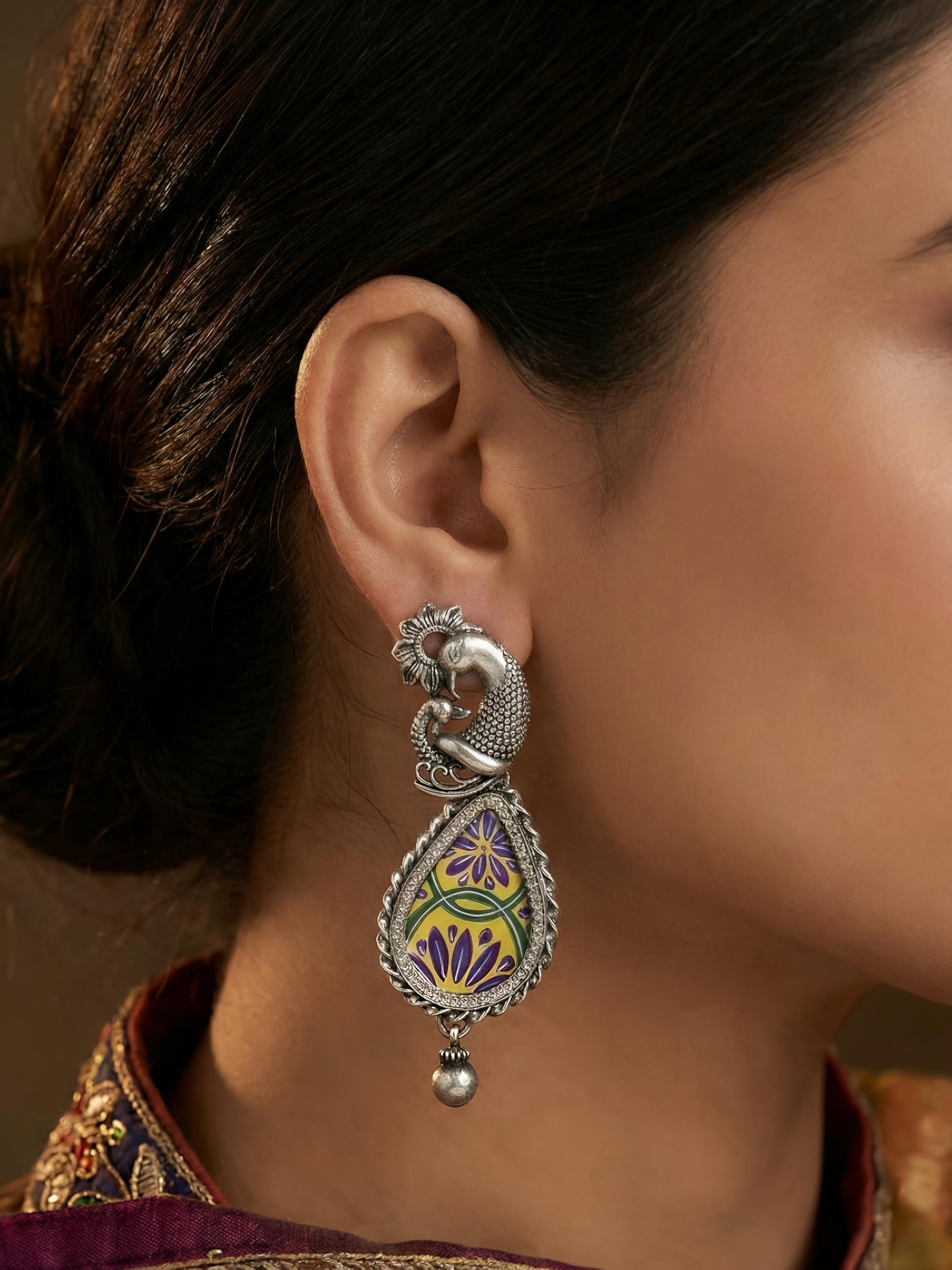 Peacock Pure Silver Handpainted Earring