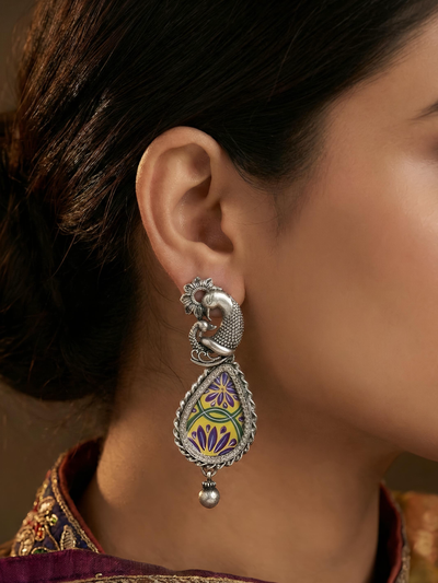Peacock Pure Silver Handpainted Earring