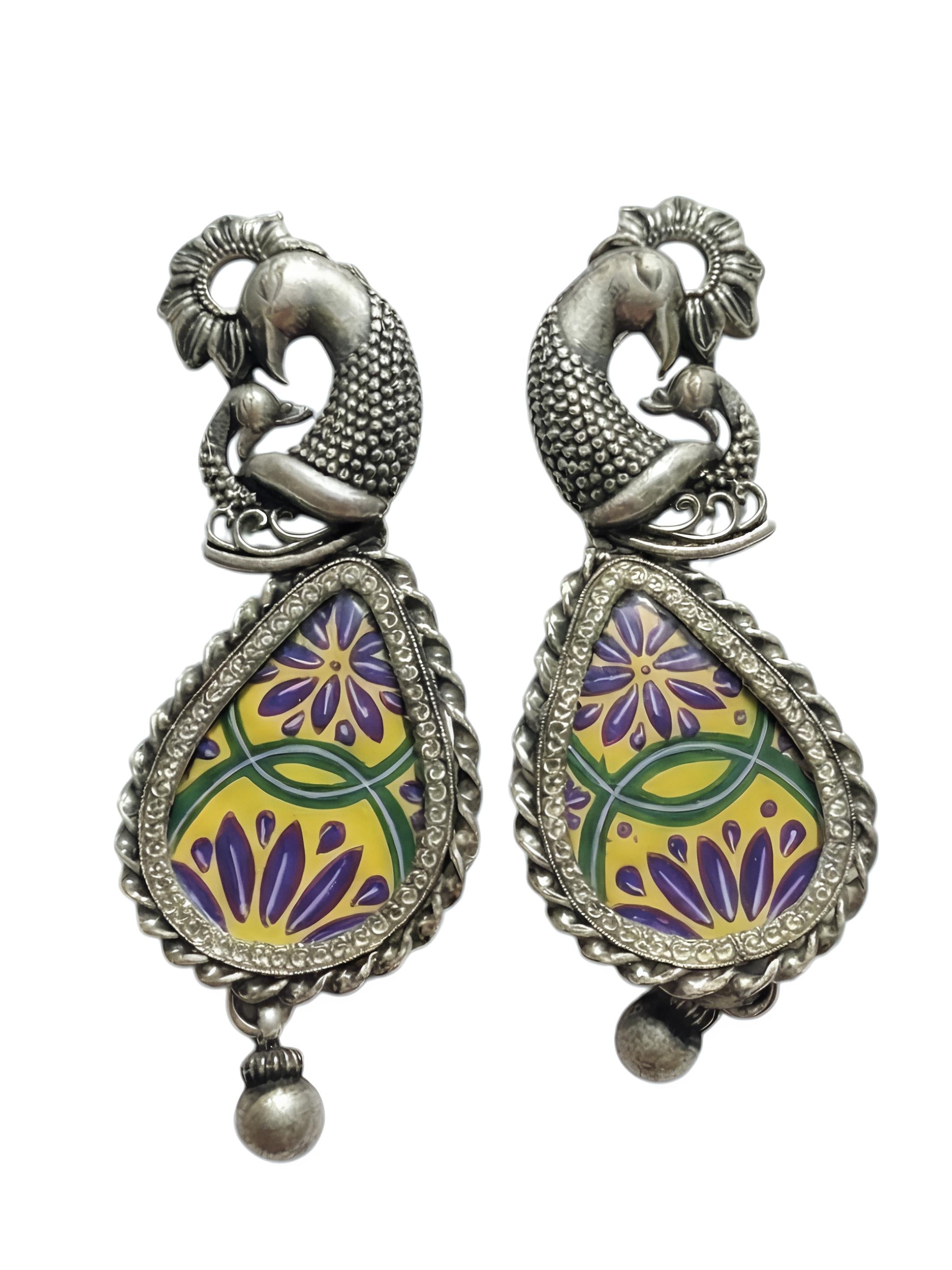 Peacock Pure Silver Handpainted Earring