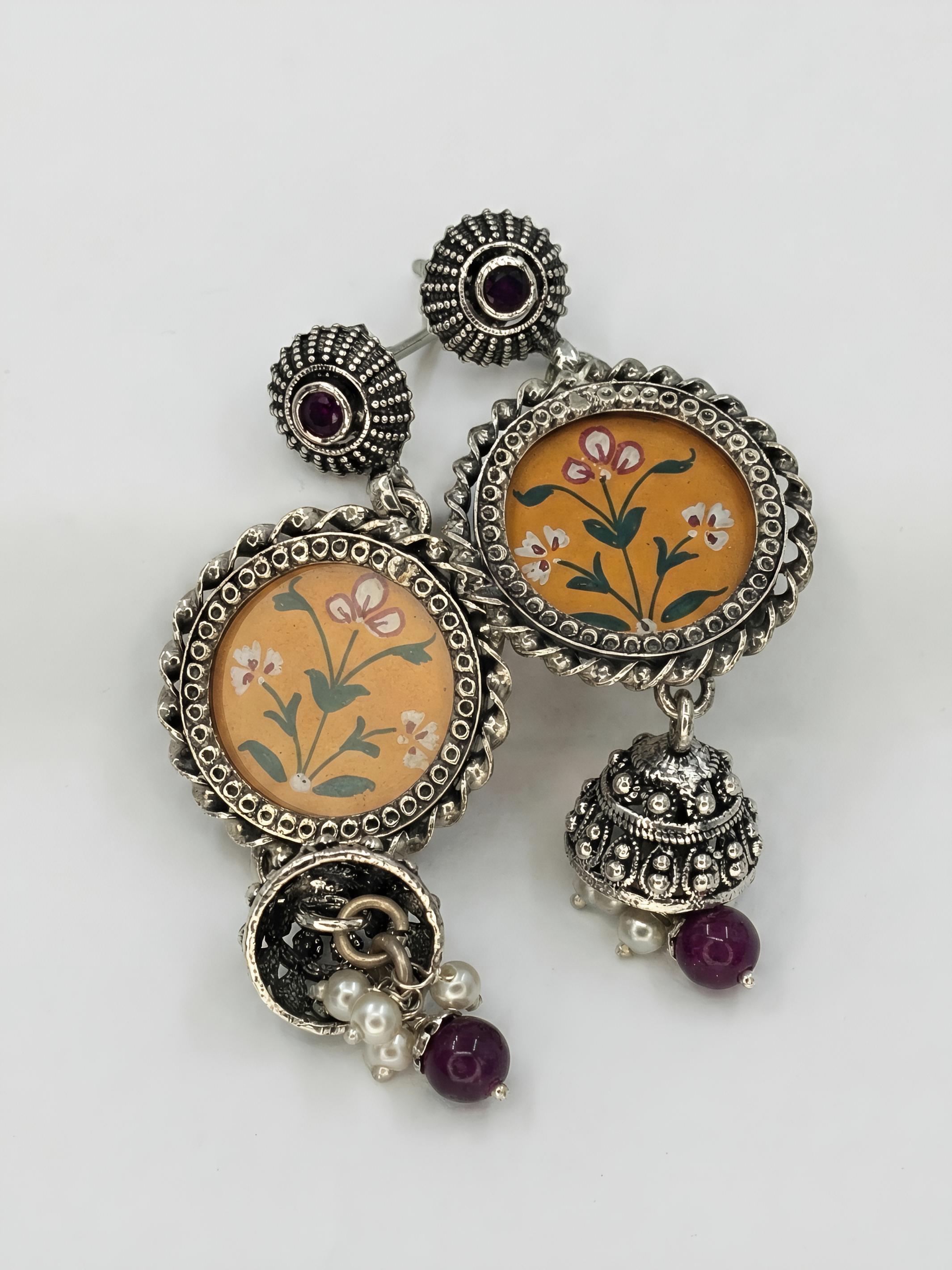 Round shaped Flower Handpainted Pure Silver Earring