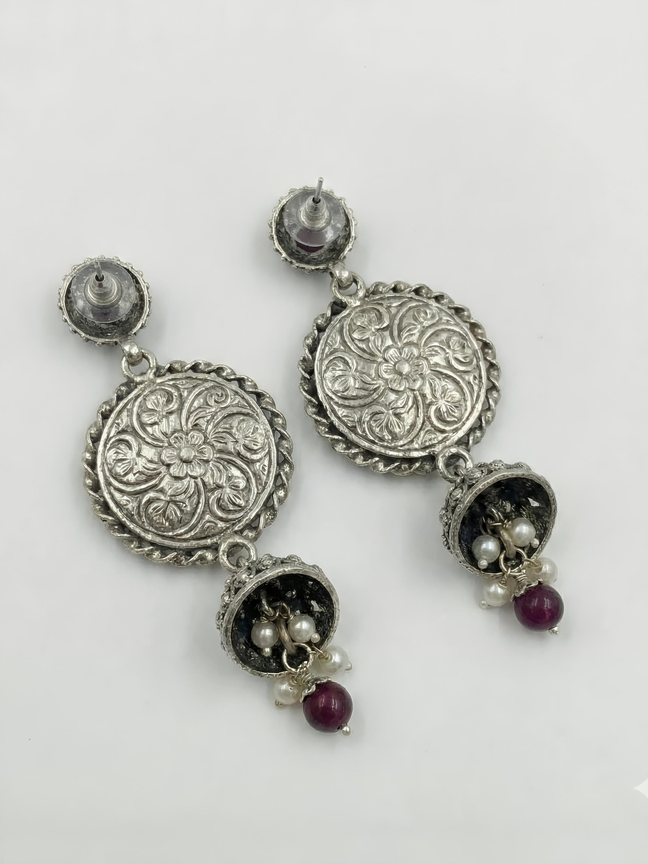 Round shaped Flower Handpainted Pure Silver Earring