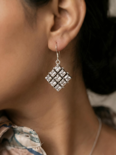Square Shaped White Stone Pure Silver Earring
