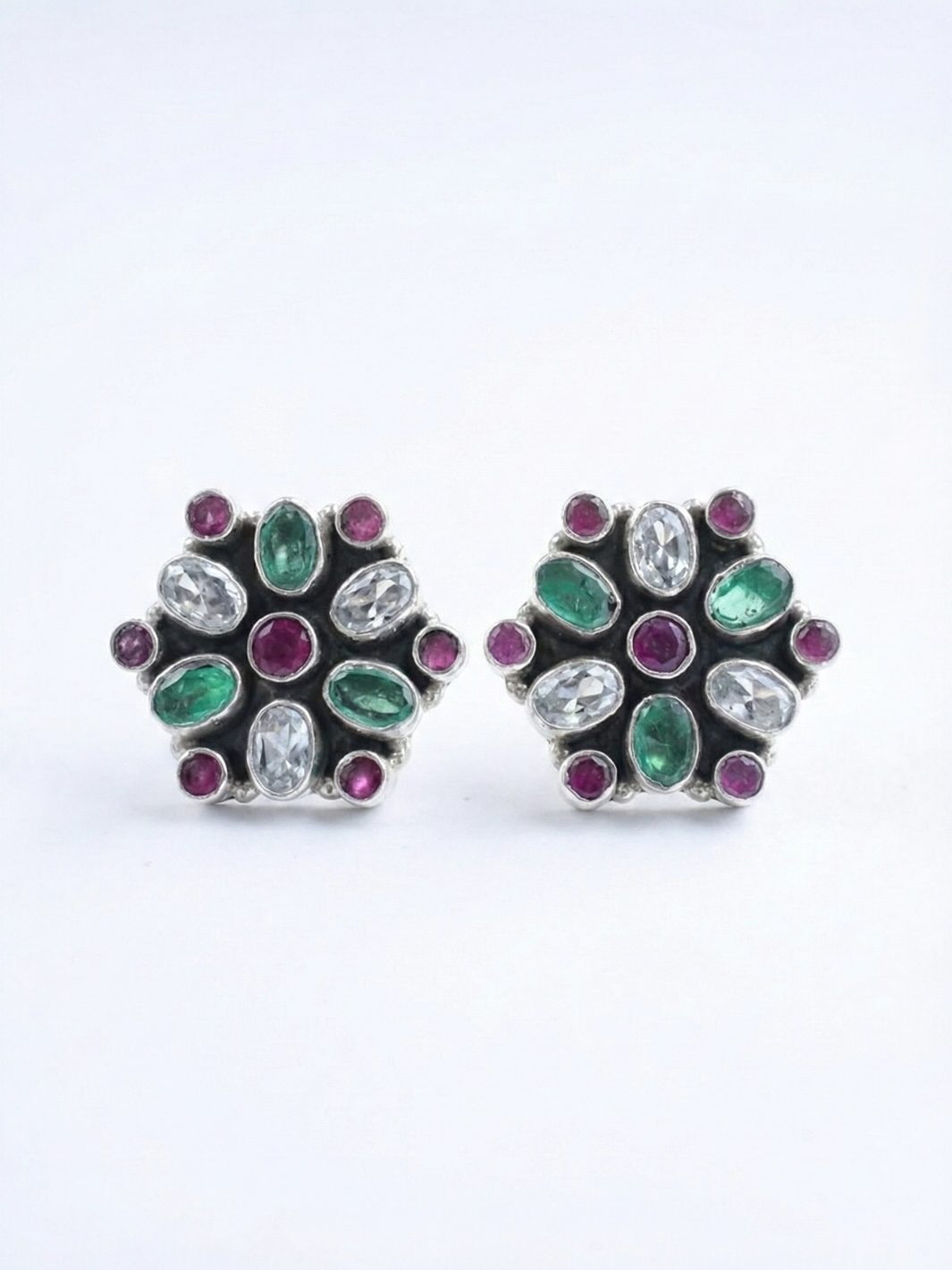 Multi Colorful Floral Pure Silver Earring