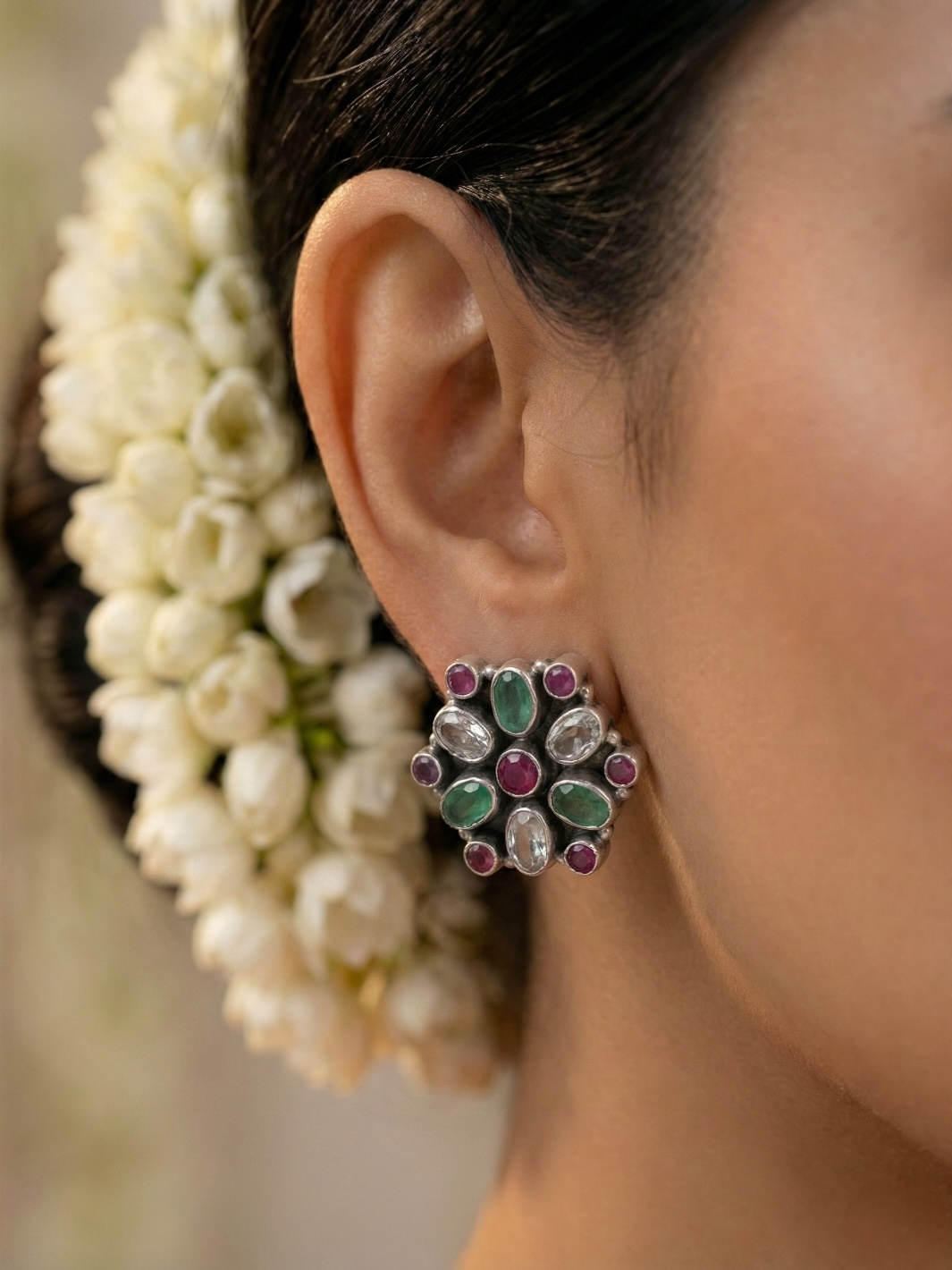 Multi Colorful Floral Pure Silver Earring