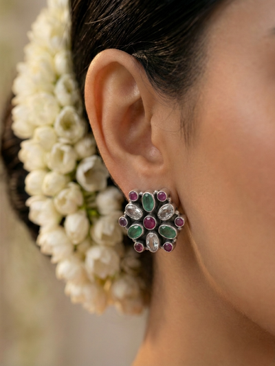 Multi Colorful Floral Pure Silver Earring