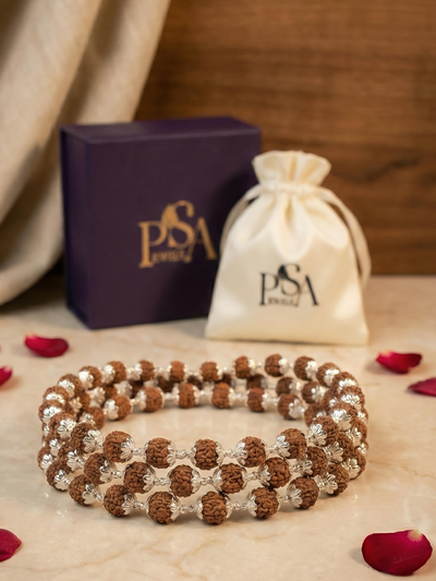 Natural Rudraksha Pure Silver japa mala (54-beads)