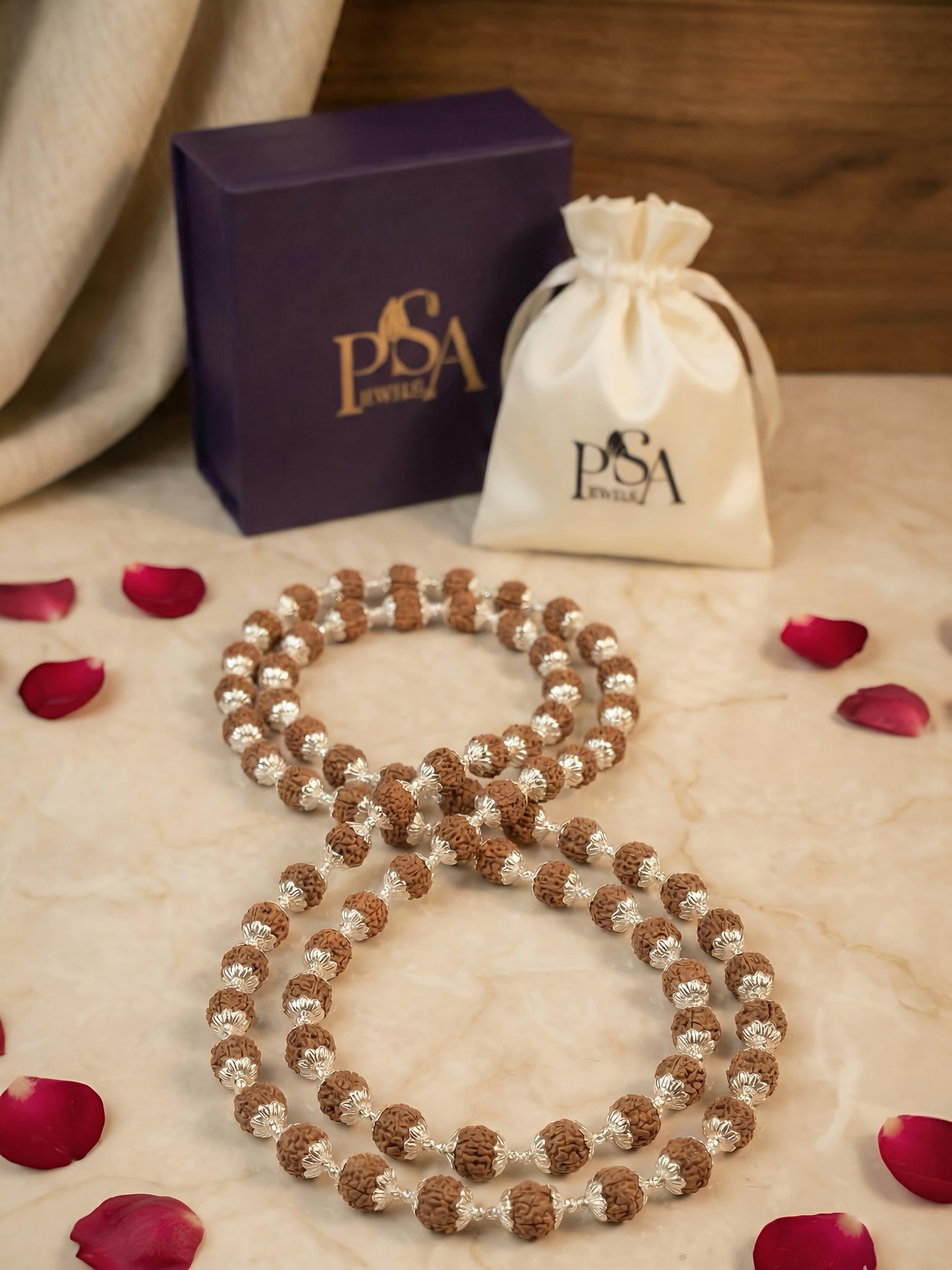 Natural Rudraksha Pure Silver 108-beads japa mala