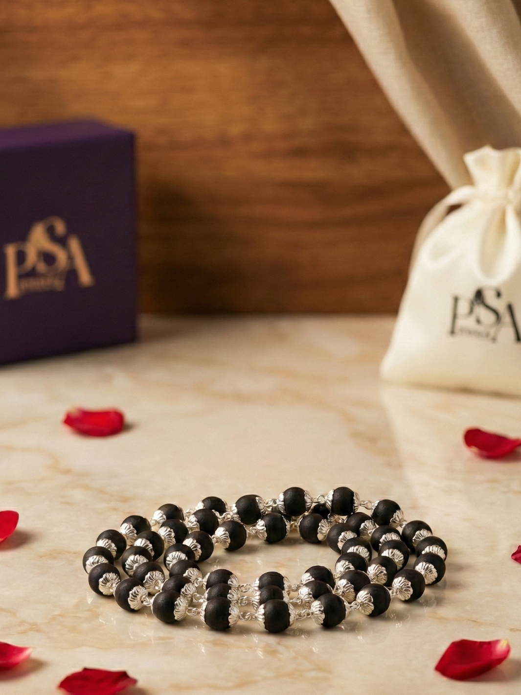 Natural Karungali (ebony wood) Pure Silver Japa Mala/ Chain