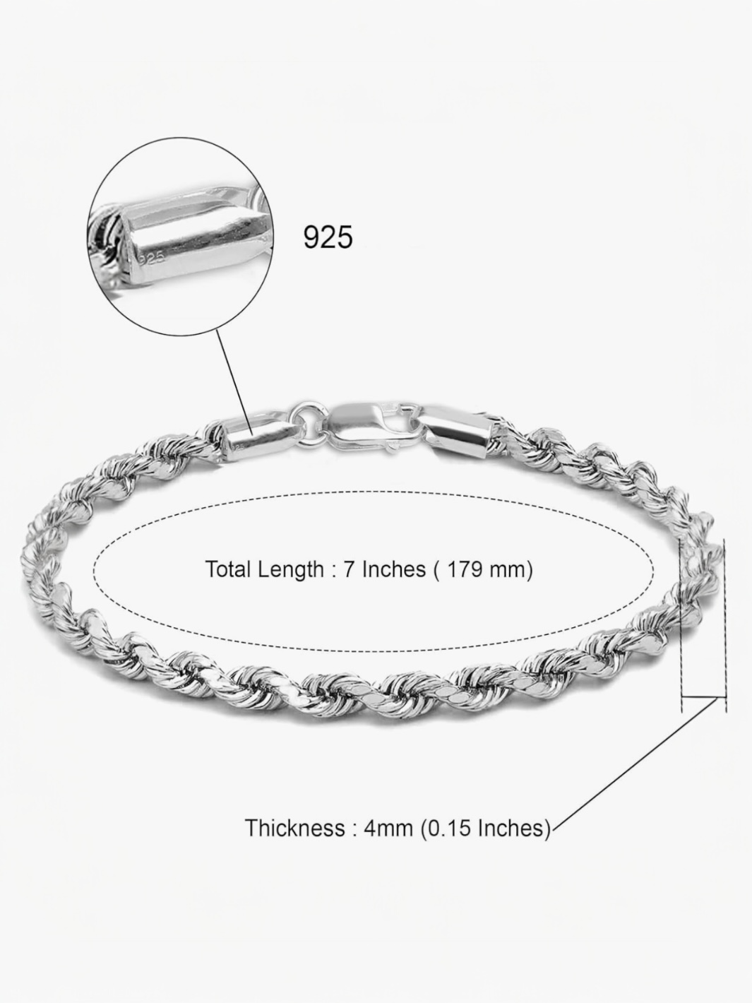 Pure Silver Italian Diamond-Cut Rope Chain Bracelet for Women
