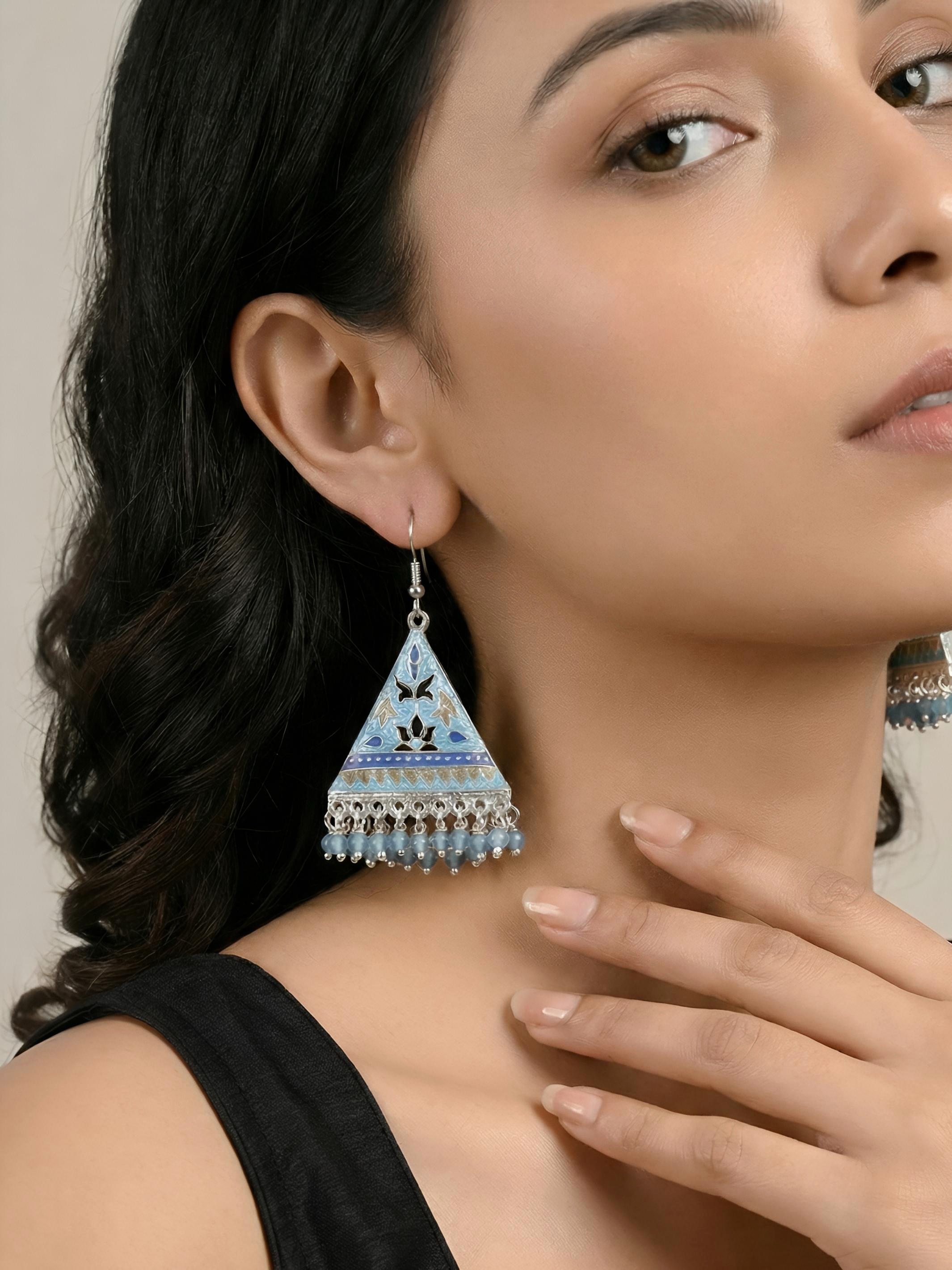Pure Silver Blue Enamel Pyramid Earrings
