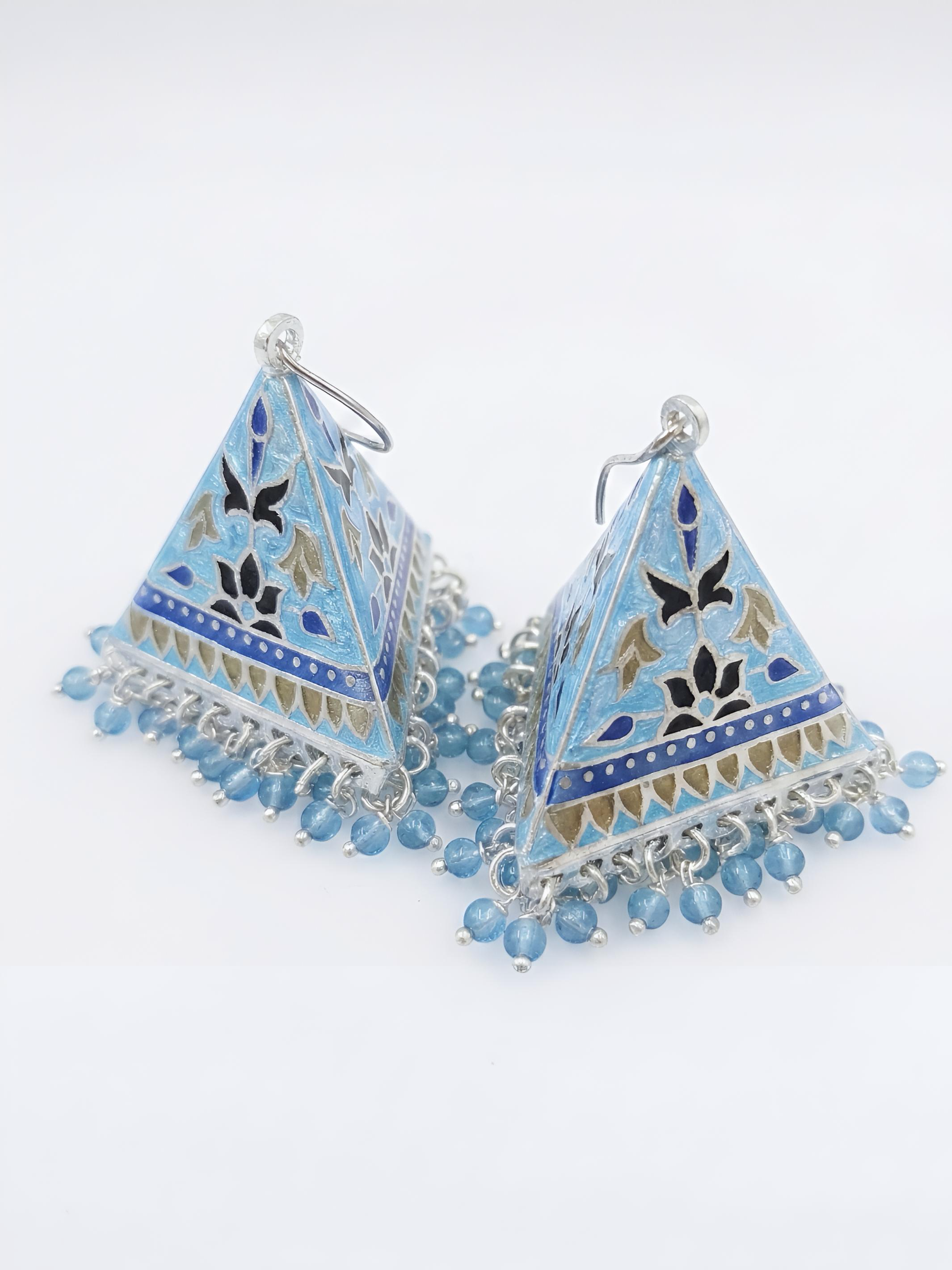 Pure Silver Blue Enamel Pyramid Earrings