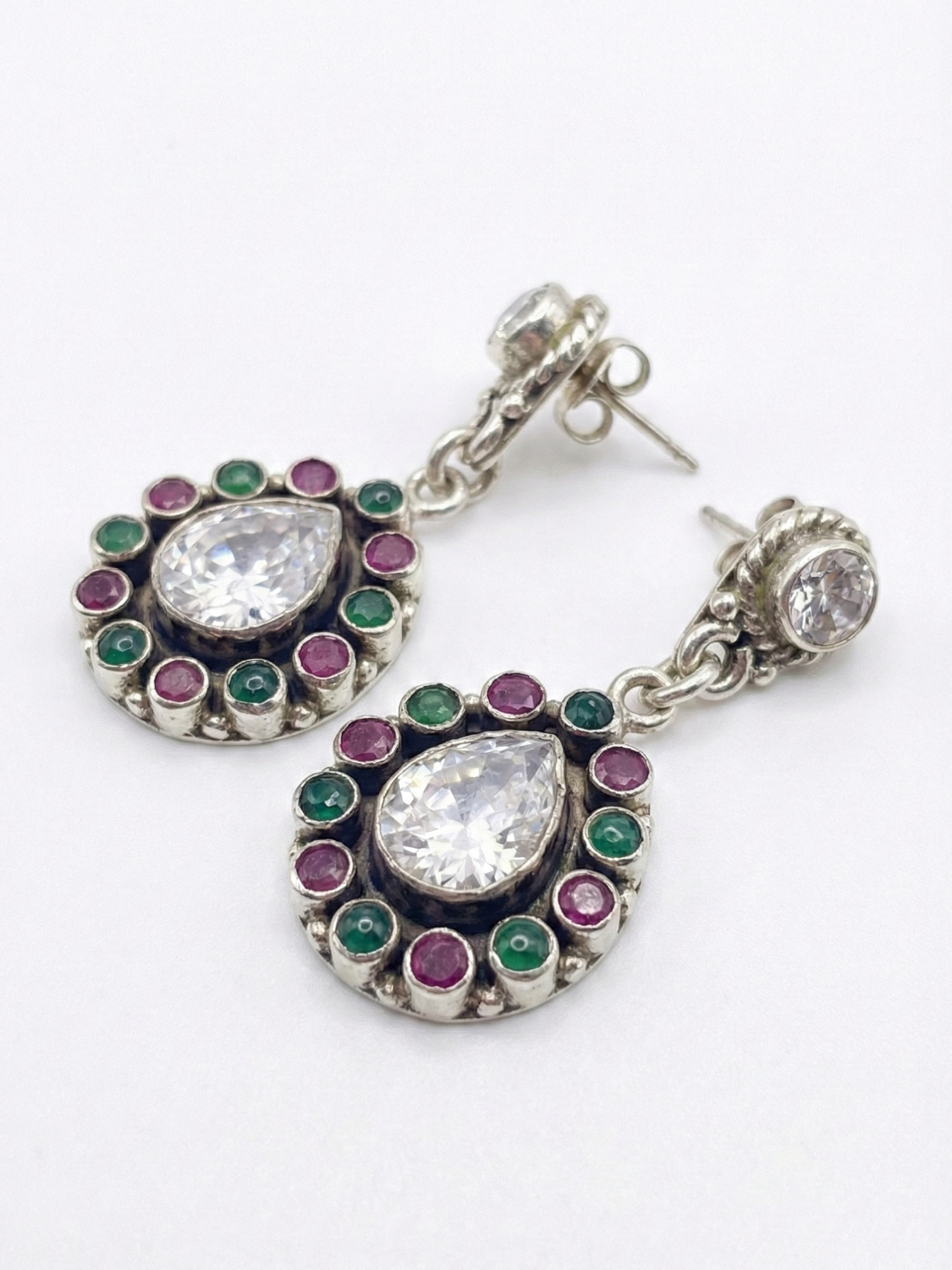 Pink and Green Cutstone Pure Silver Earring