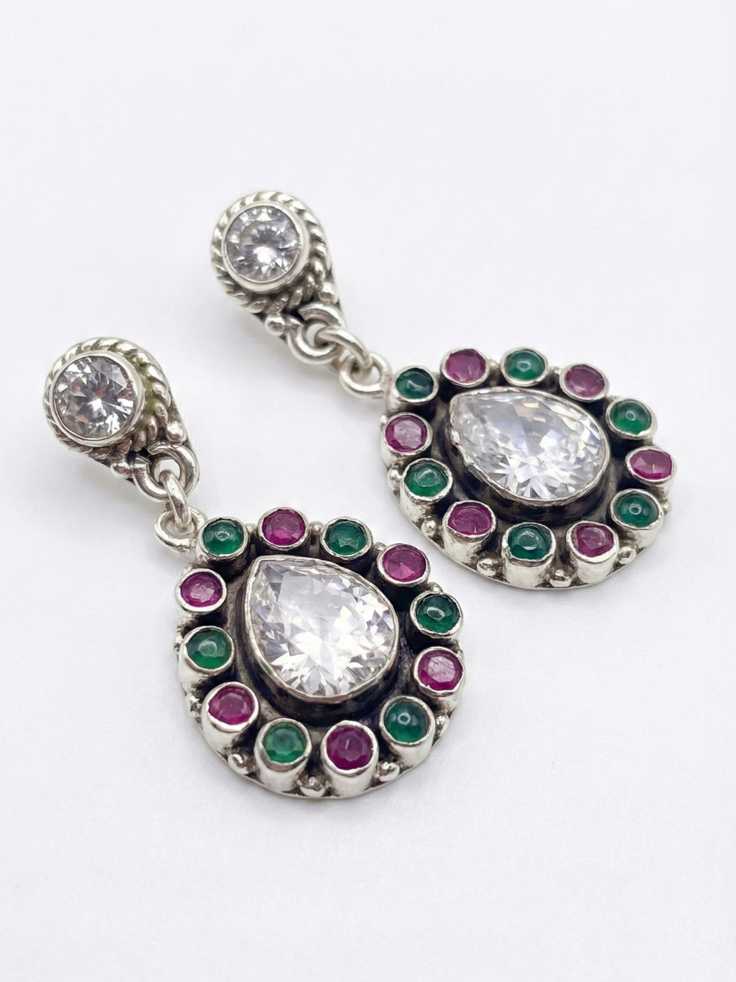 Pink and Green Cutstone Pure Silver Earring