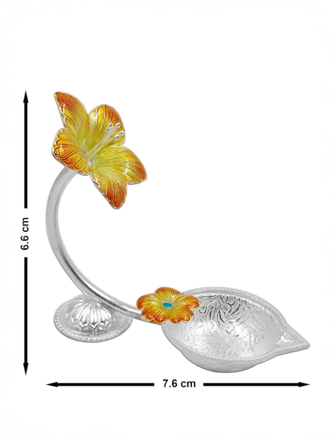 Pure Silver Antique Diya with Yellow Colour Enamel & Hibiscus Flower Shape Design