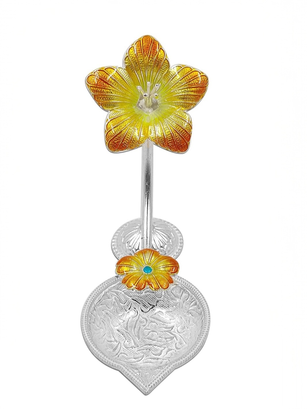 Pure Silver Antique Diya with Yellow Colour Enamel & Hibiscus Flower Shape Design