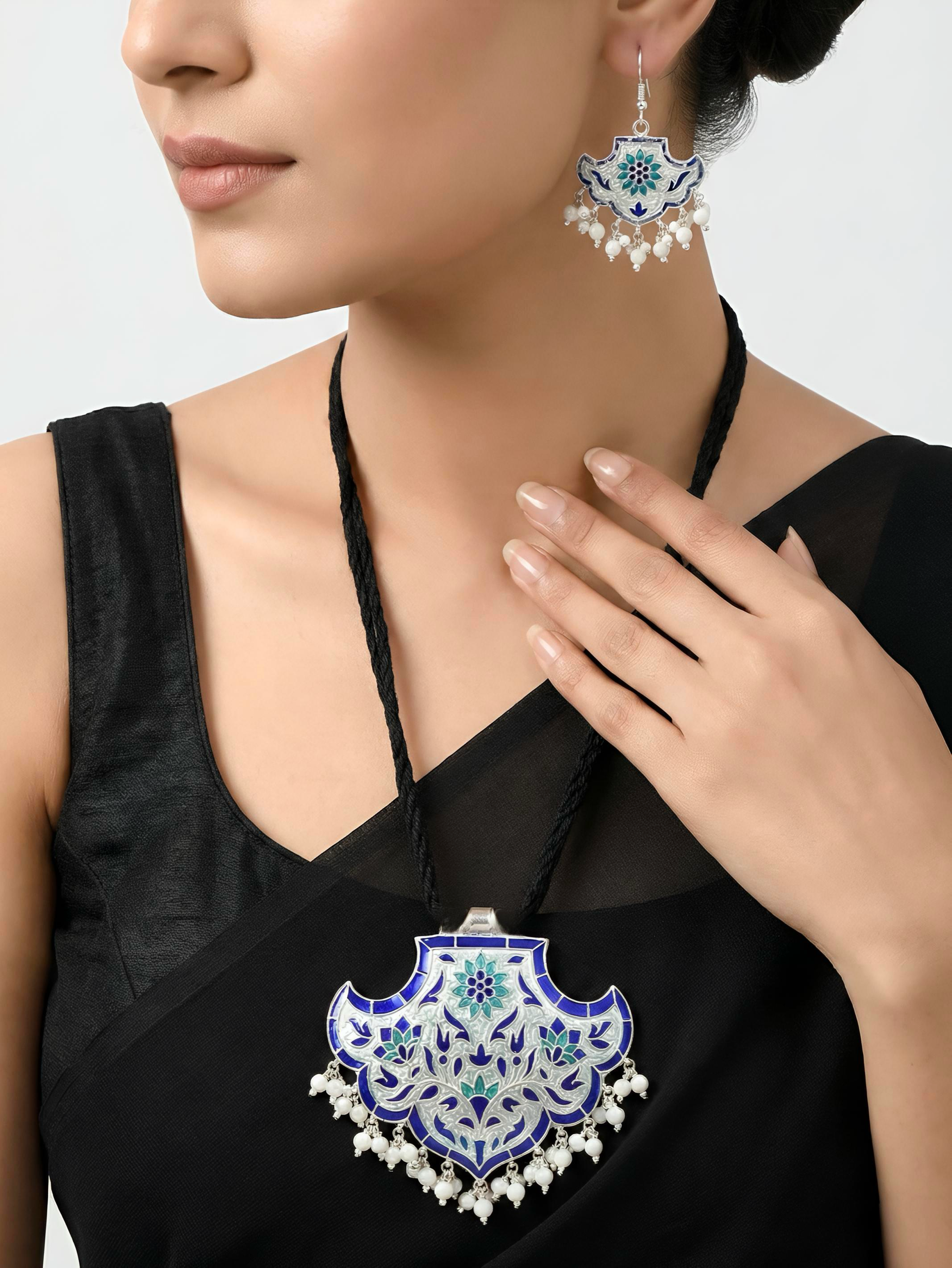 The Meena Blue Floral Pure Silver Pendant Set