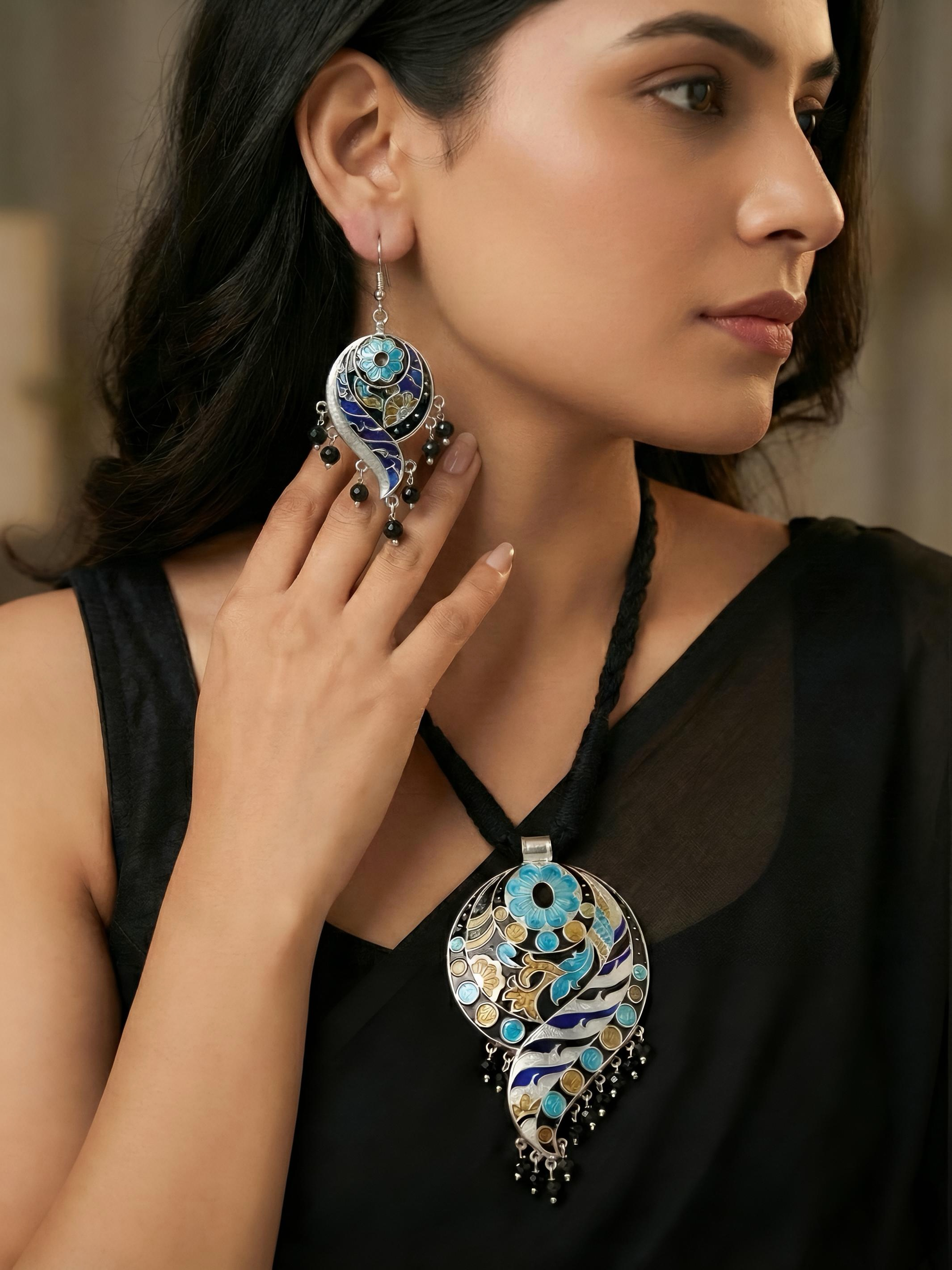 The Mayura Enamel Pure Silver Pendant Set