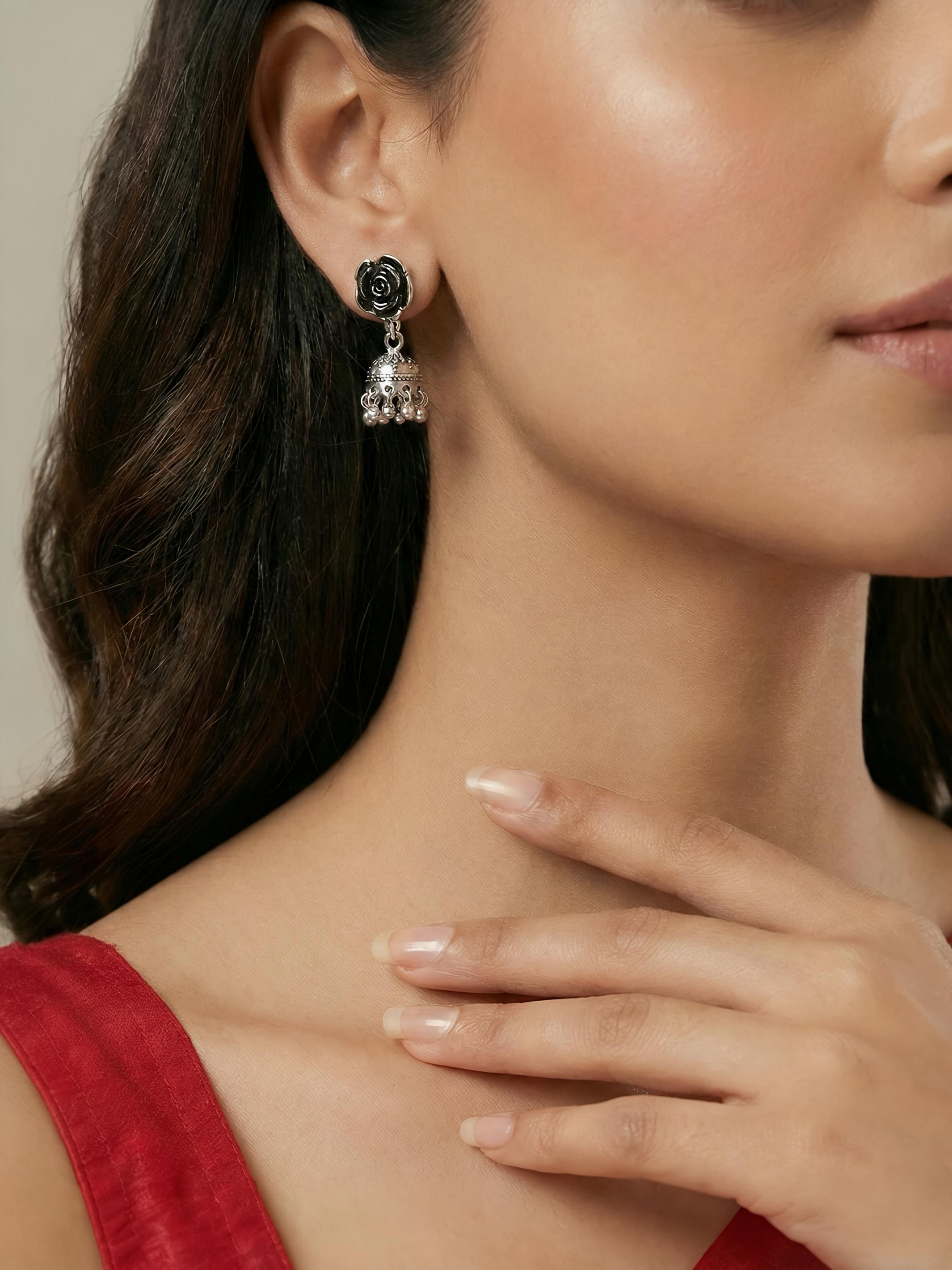 Pure Silver Noir Rose Jhumki Earring