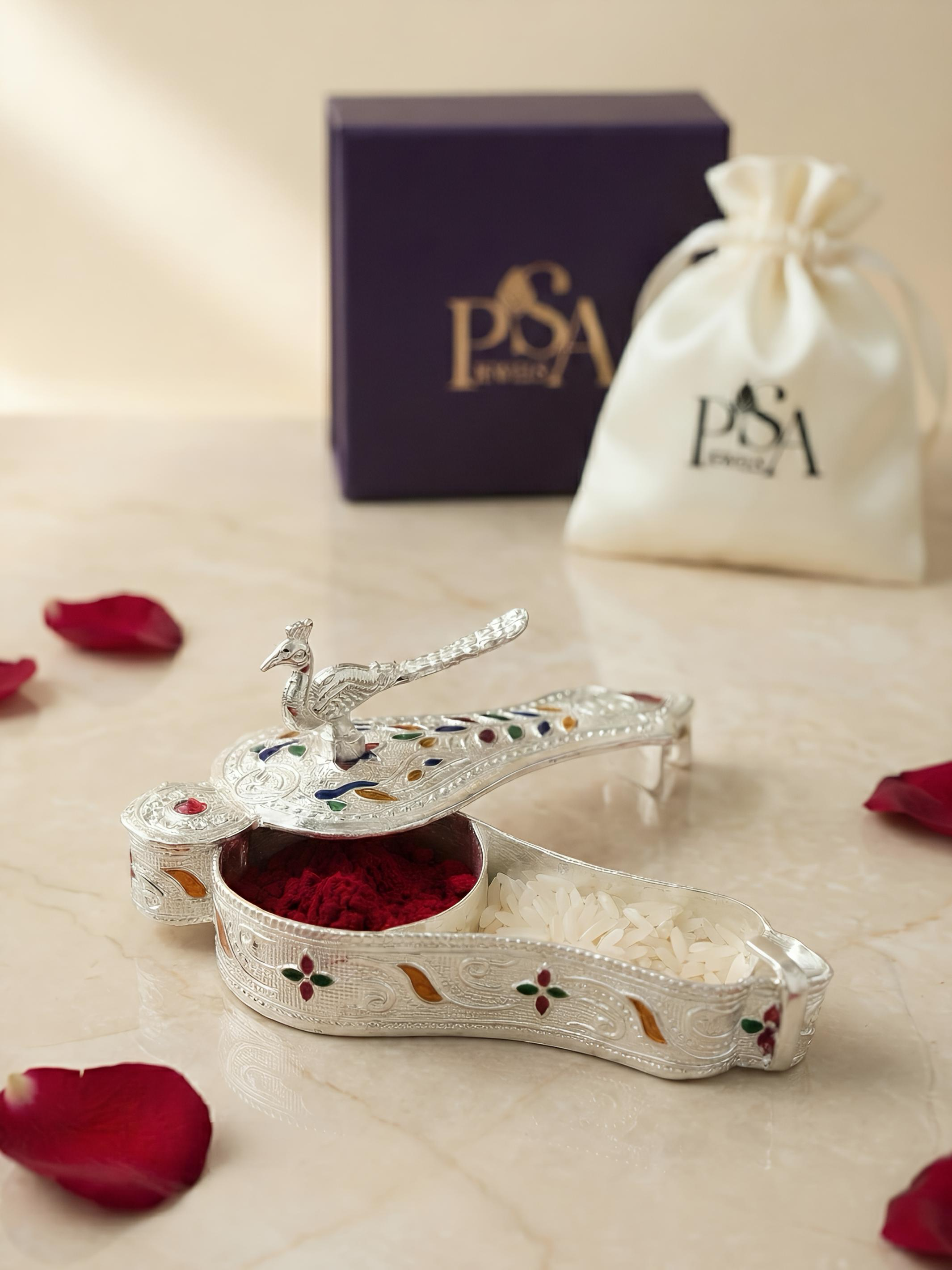 Colourful Enamel Peacock Design Haldi Kumkum Pure Silver Holder/Box/Dibbi