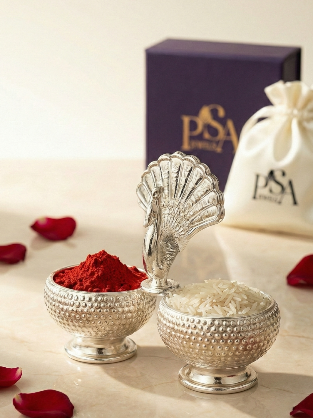 Peacock Design Haldi Kumkum Pure Silver Holder/Box/Dibbi