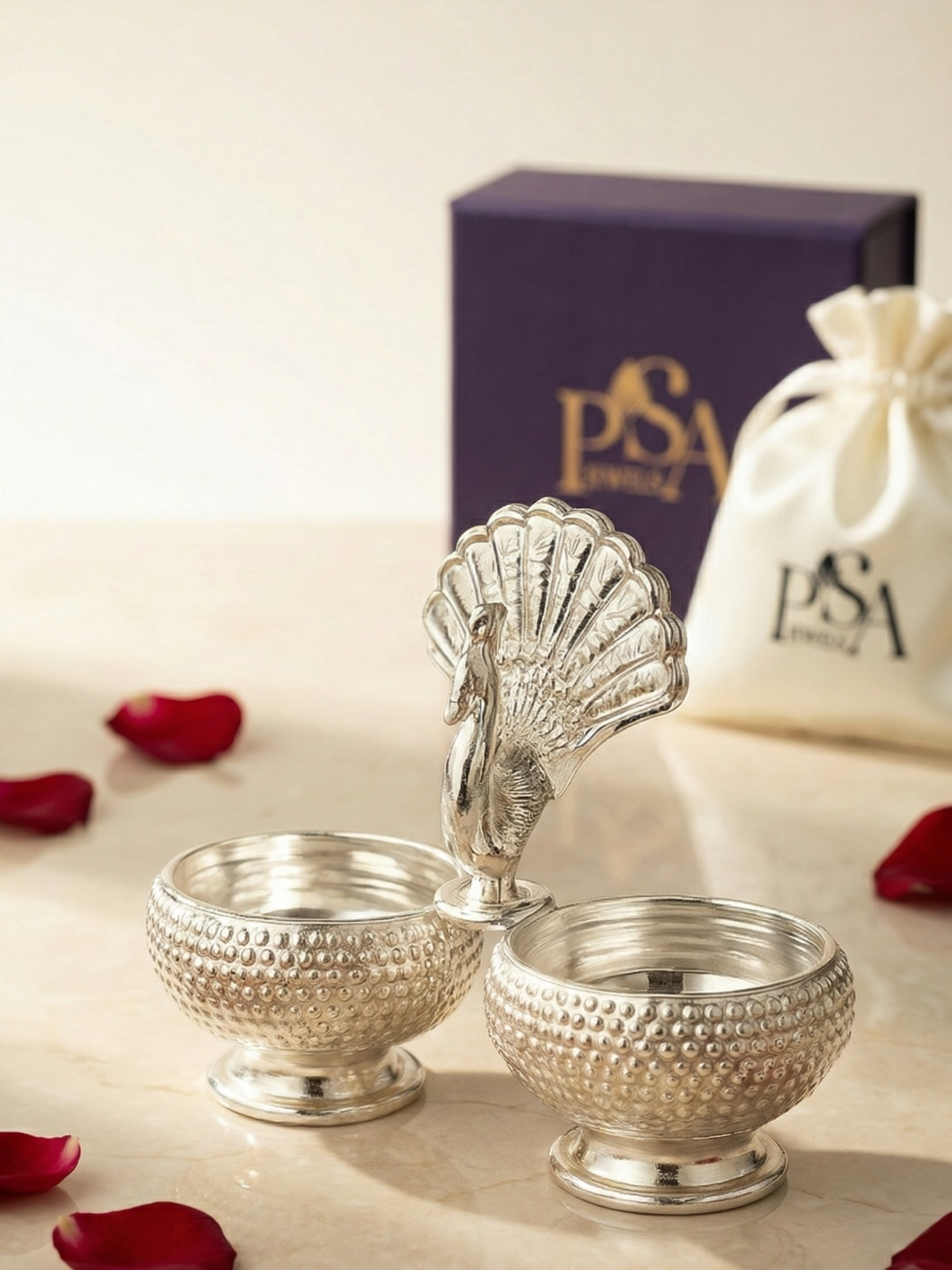 Peacock Design Haldi Kumkum Pure Silver Holder/Box/Dibbi