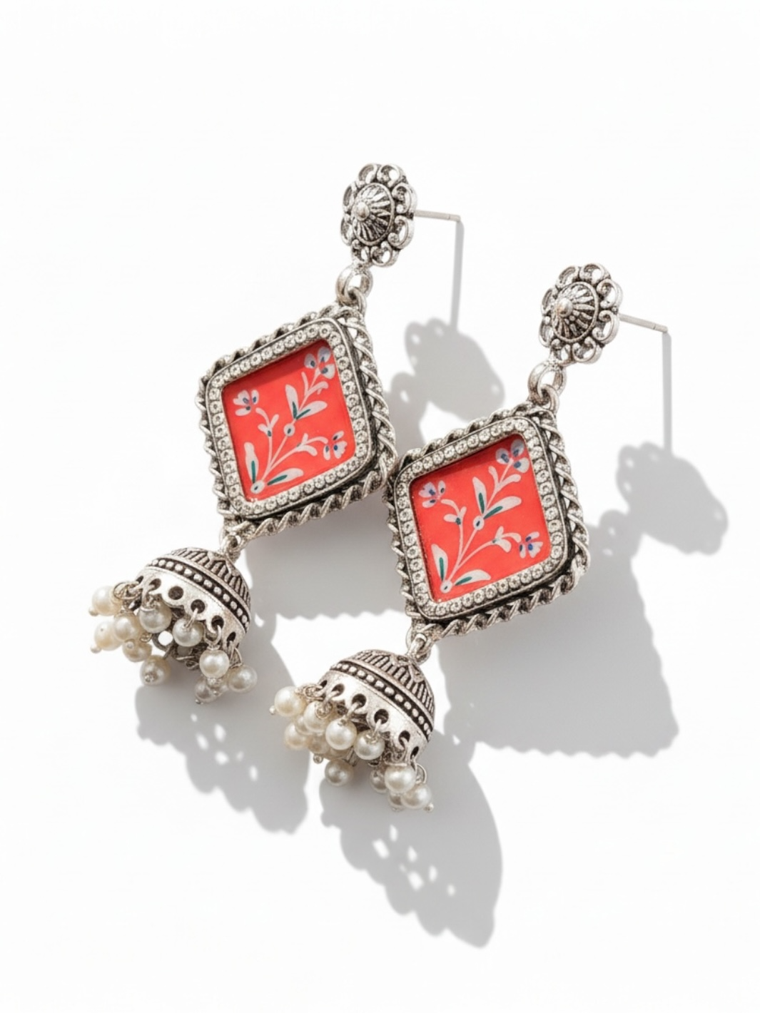 Orange Handpainted Jhumki Pure Silver Earring