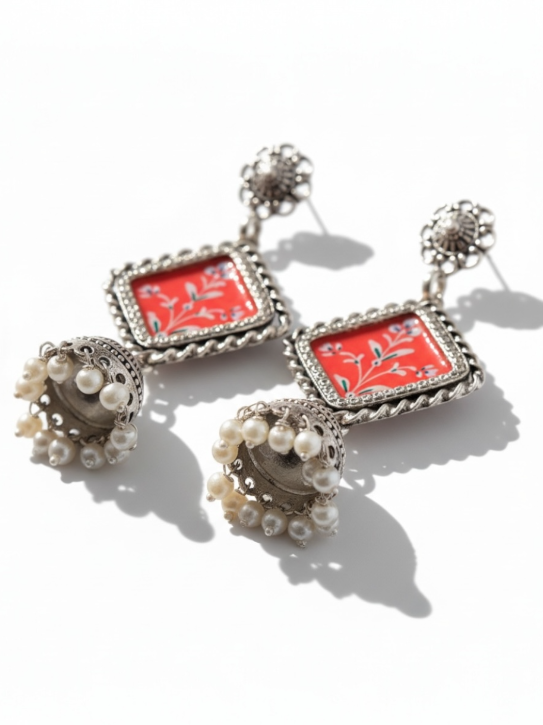 Orange Handpainted Jhumki Pure Silver Earring