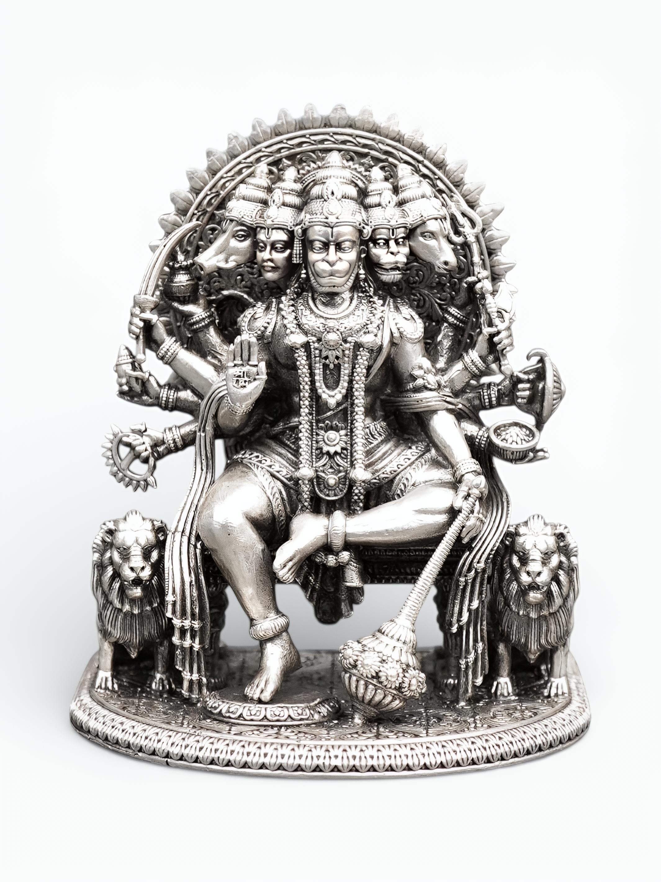 Panchmukhi Hanuman Pure Silver Antique Statue, Multi-Armed Panchmukhi Idol