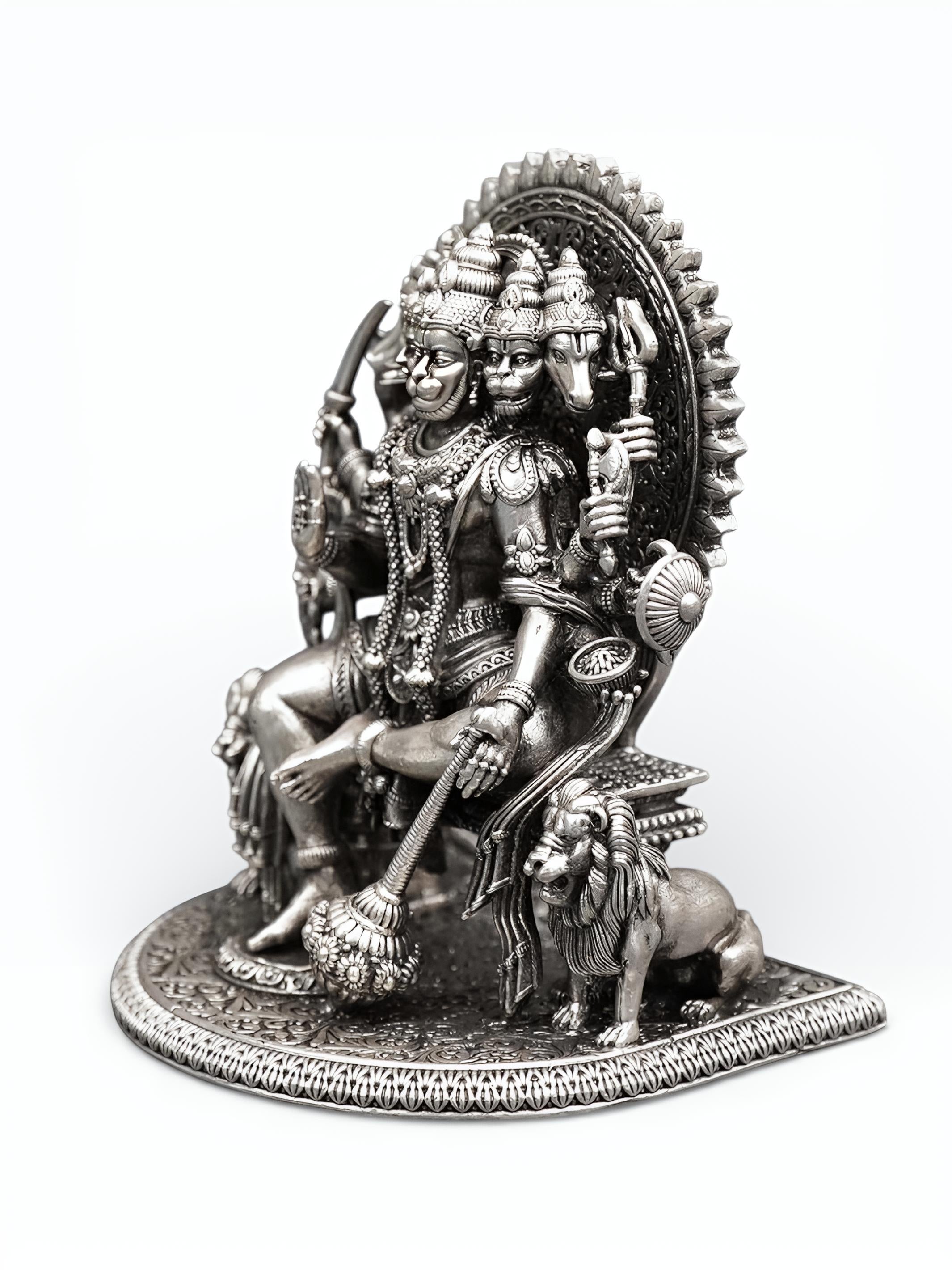 Panchmukhi Hanuman Pure Silver Antique Statue, Multi-Armed Panchmukhi Idol