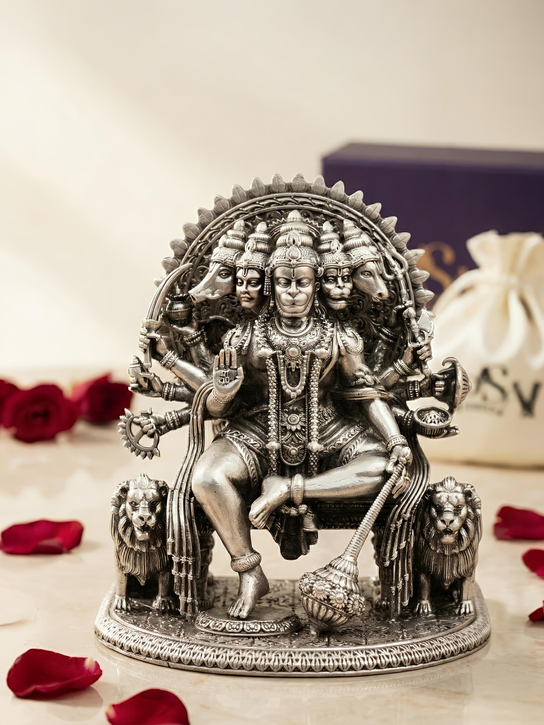 Panchmukhi Hanuman Pure Silver Antique Statue, Multi-Armed Panchmukhi Idol