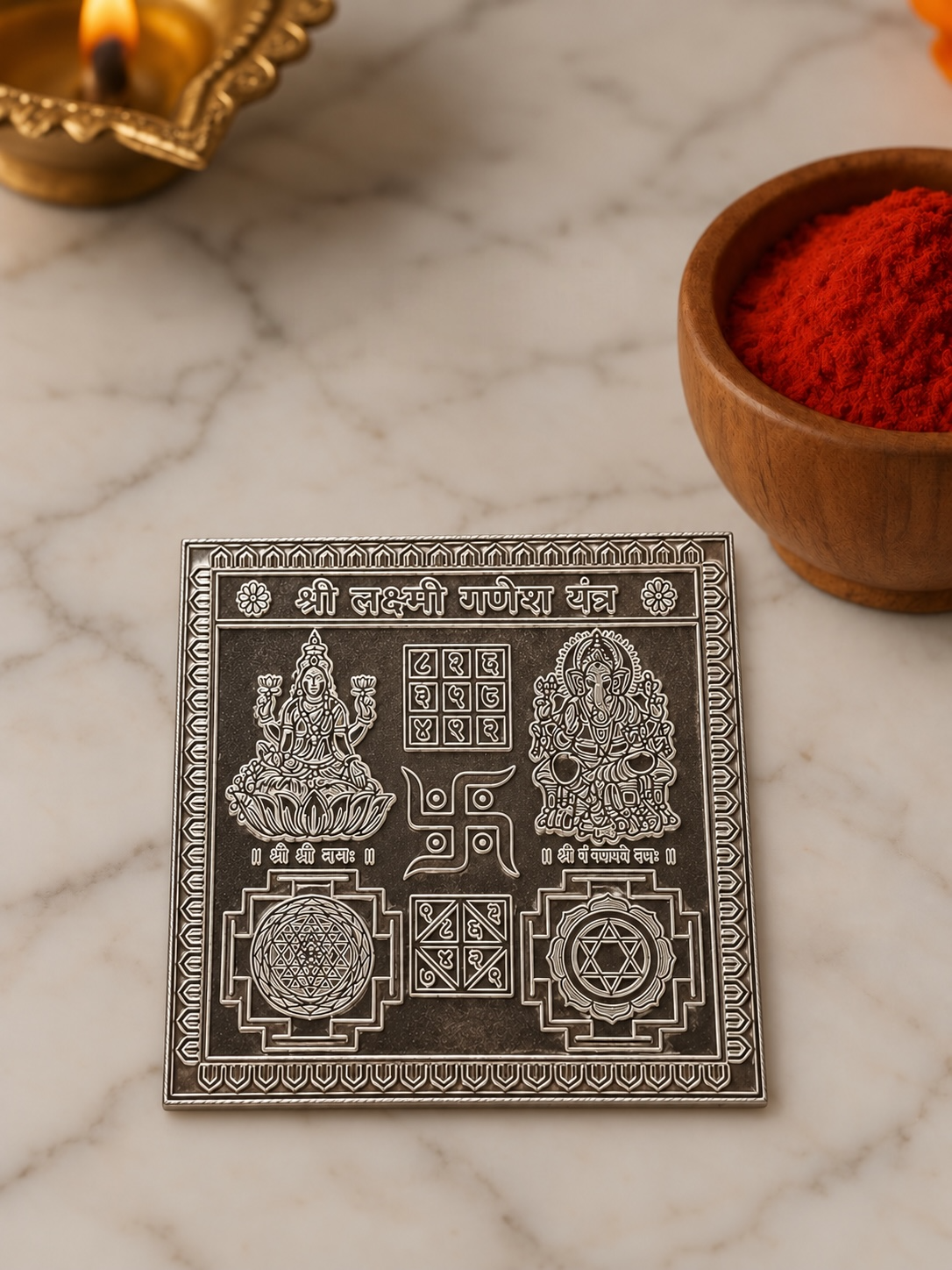 Pure 925 Silver Antique-Finish Shri Lakshmi Ganesh Pure Silver Yantra