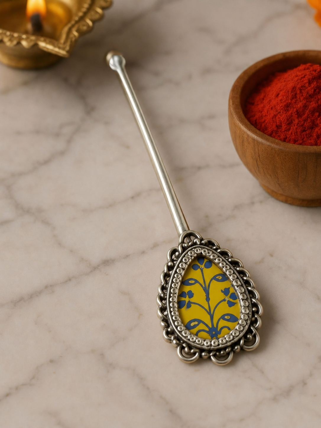 Pure Silver Hand-painted Pear Shaped Antique Pooja tilakstick