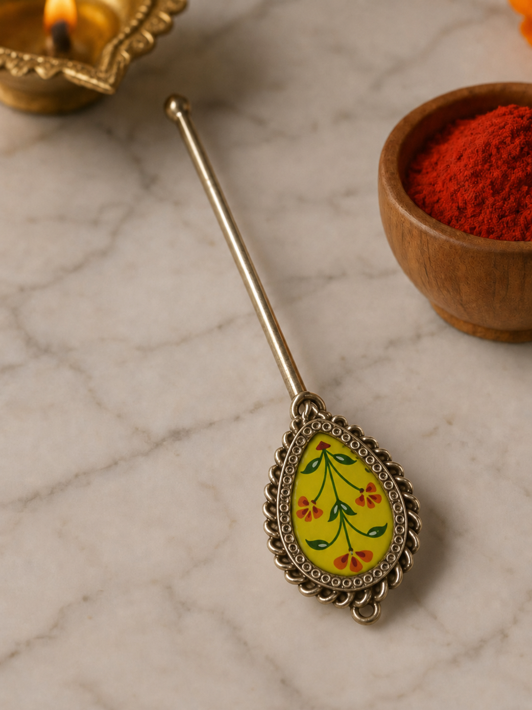 Pure Silver Hand-painted Pear Shaped Antique Pooja tilakstick