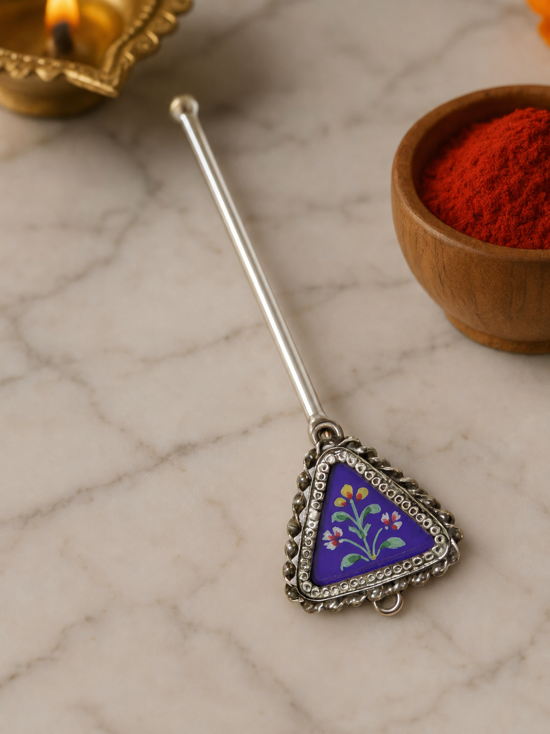 Pure Silver Hand-painted Triangular Shaped Antique Pooja tilakstick